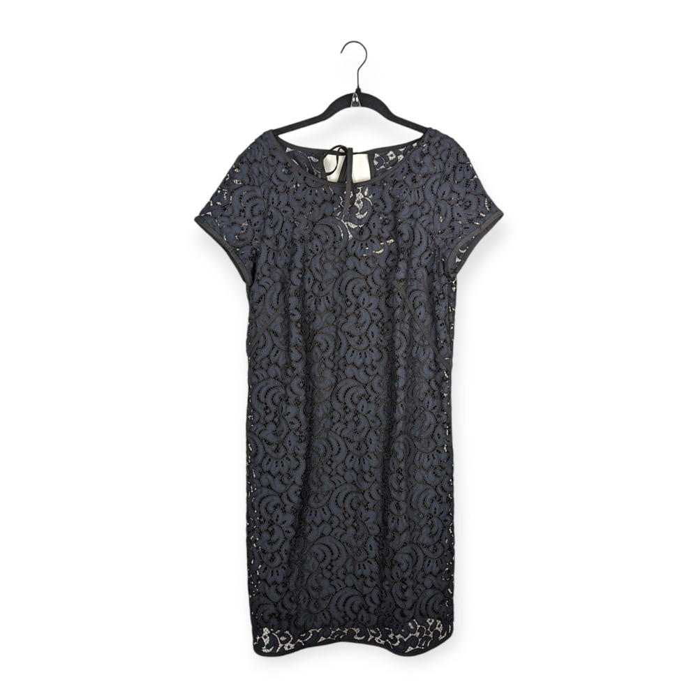Loft Navy Black Lace Short Sleeve Sheath Mini Cocktail Dress Sz 14 Career Office